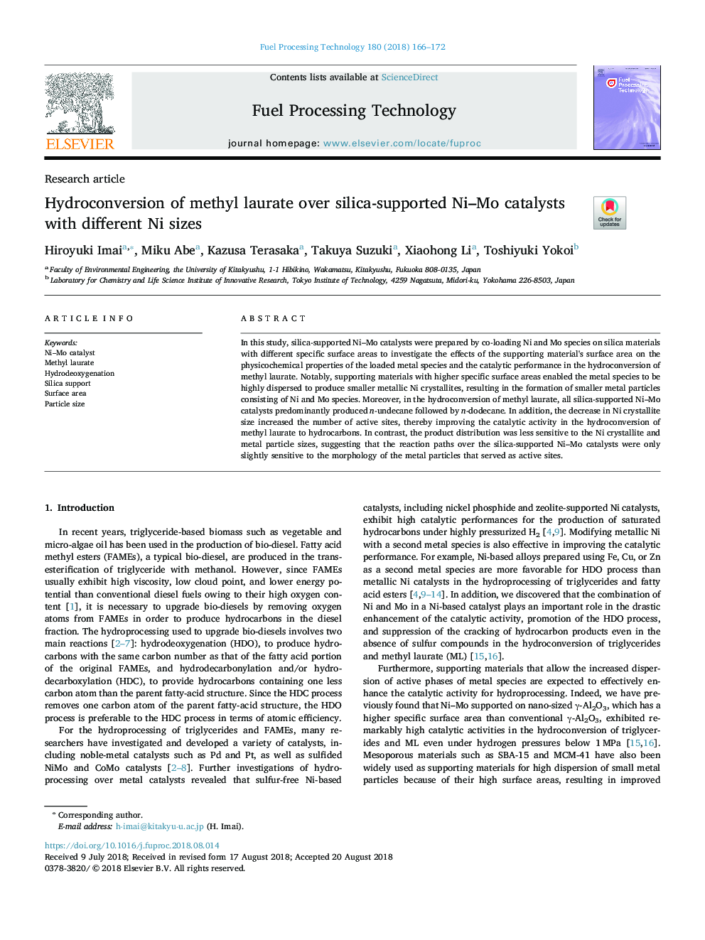 Hydroconversion of methyl laurate over silica-supported Ni-Mo catalysts with different Ni sizes