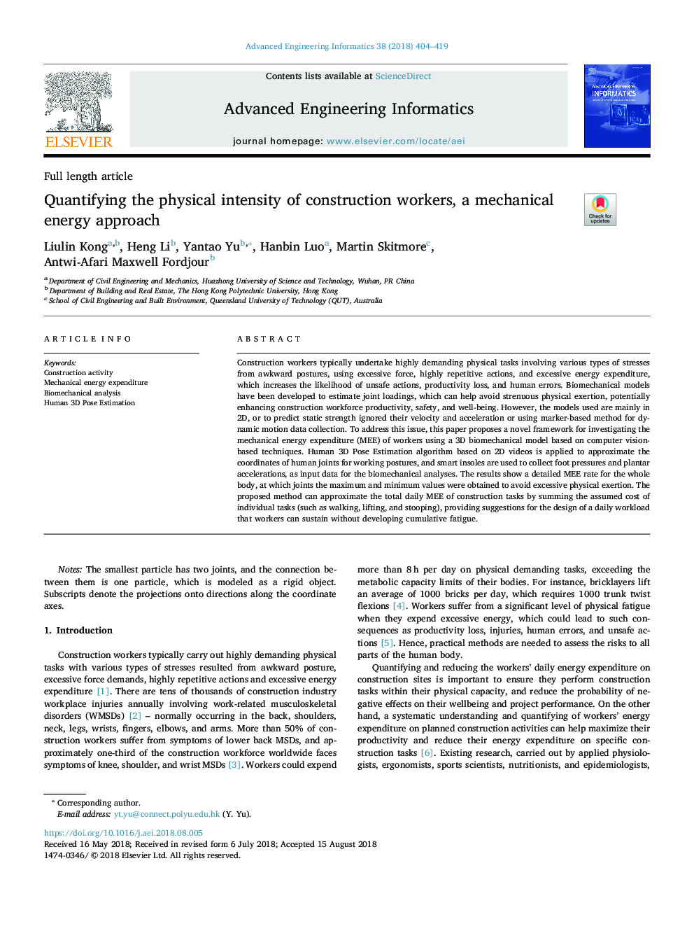 Quantifying the physical intensity of construction workers, a mechanical energy approach