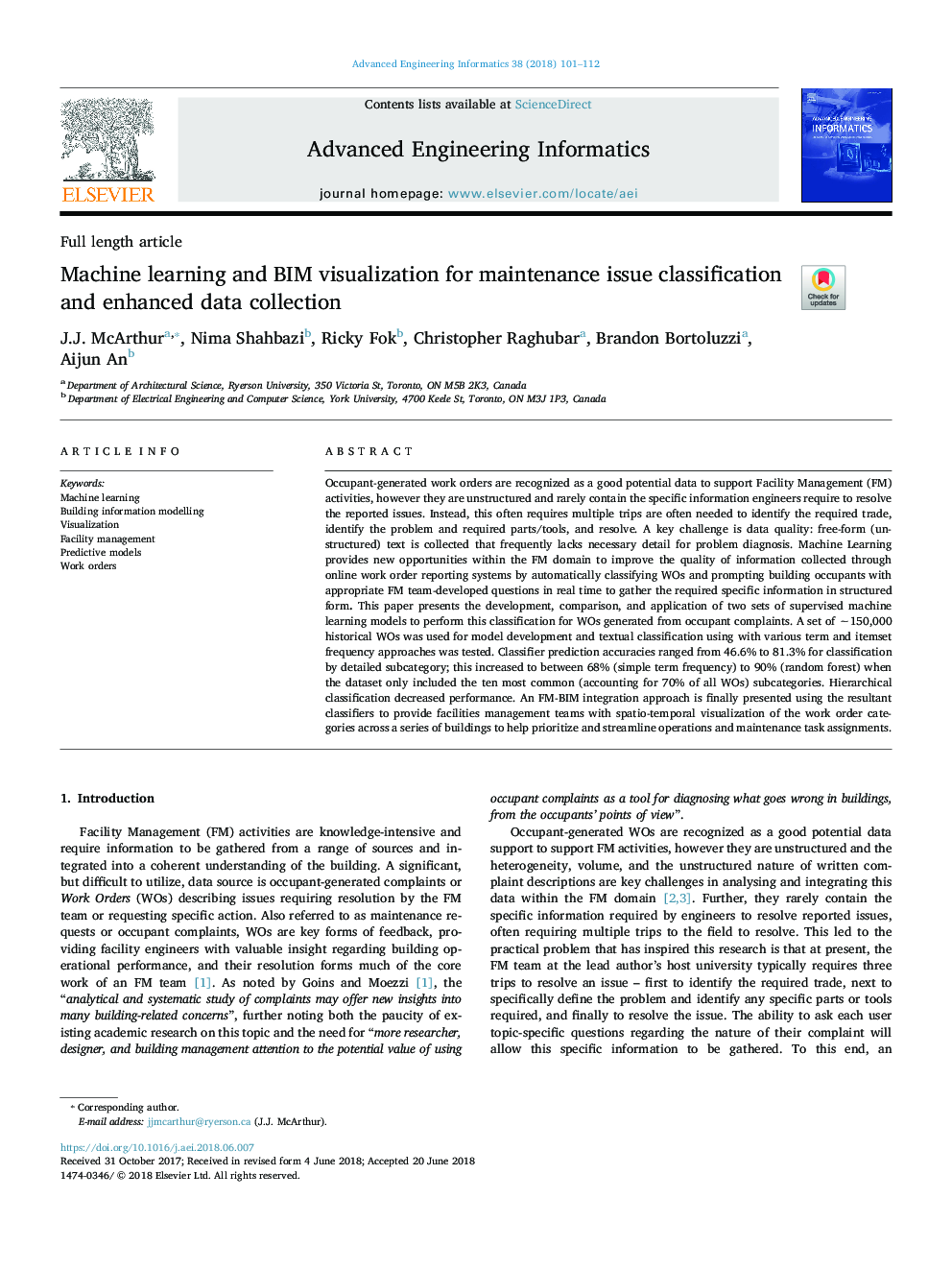 Machine learning and BIM visualization for maintenance issue classification and enhanced data collection