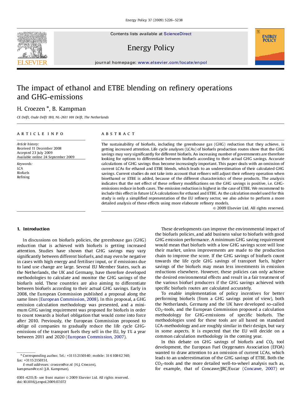 The impact of ethanol and ETBE blending on refinery operations and GHG-emissions