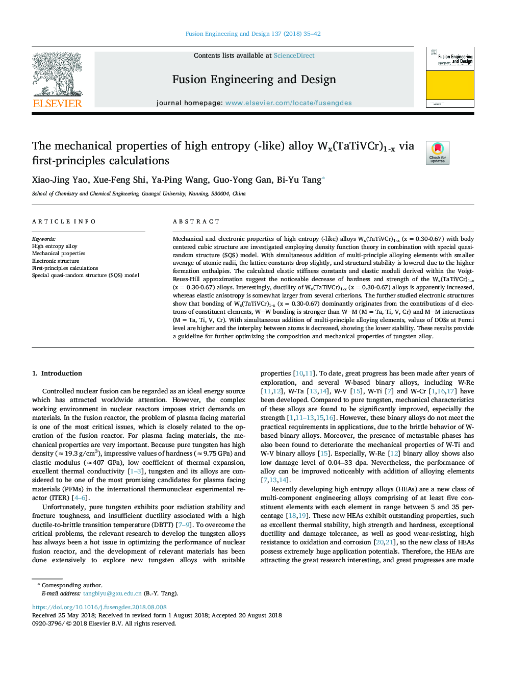 The mechanical properties of high entropy (-like) alloy Wx(TaTiVCr)1-x via first-principles calculations