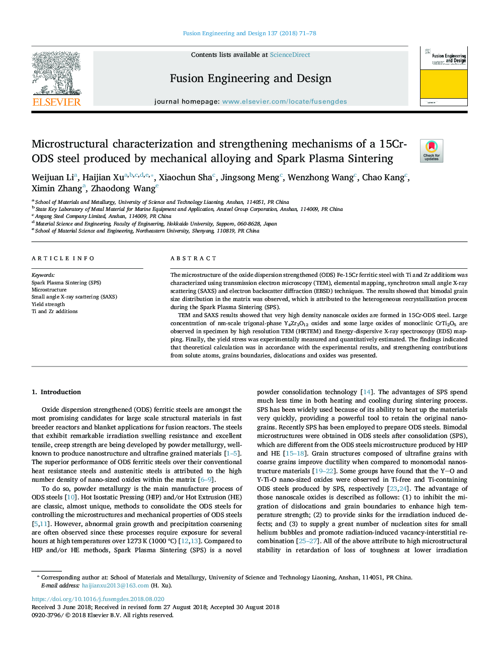 Microstructural characterization and strengthening mechanisms of a 15Cr-ODS steel produced by mechanical alloying and Spark Plasma Sintering
