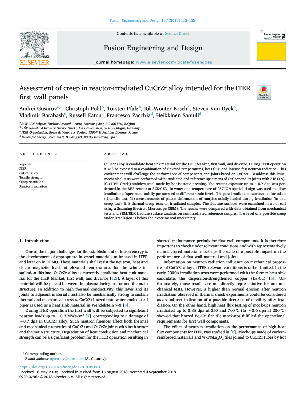 Assessment of creep in reactor-irradiated CuCrZr alloy intended for the ITER first wall panels