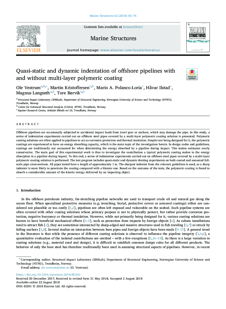 Quasi-static and dynamic indentation of offshore pipelines with and without multi-layer polymeric coating