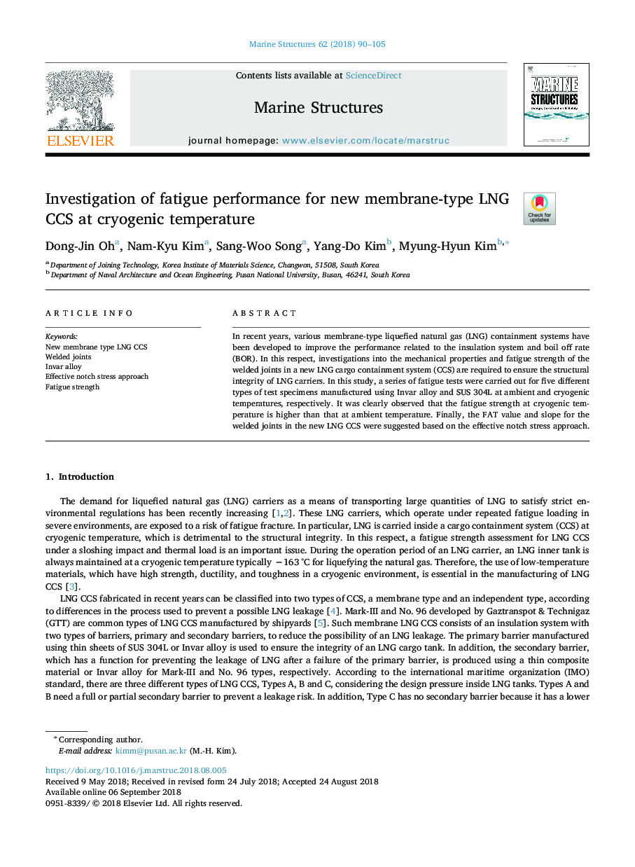 Investigation of fatigue performance for new membrane-type LNG CCS at cryogenic temperature