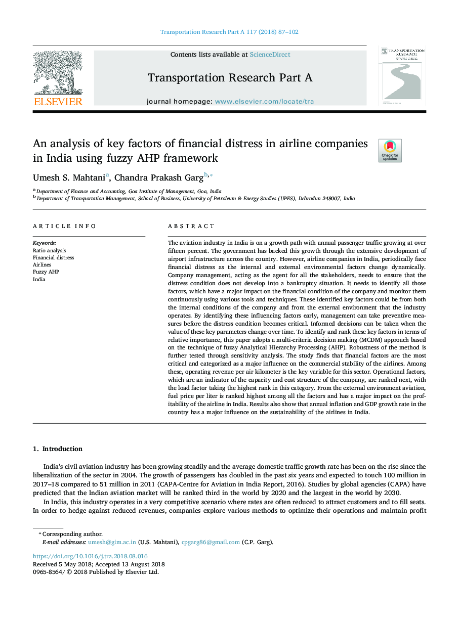 An analysis of key factors of financial distress in airline companies in India using fuzzy AHP framework