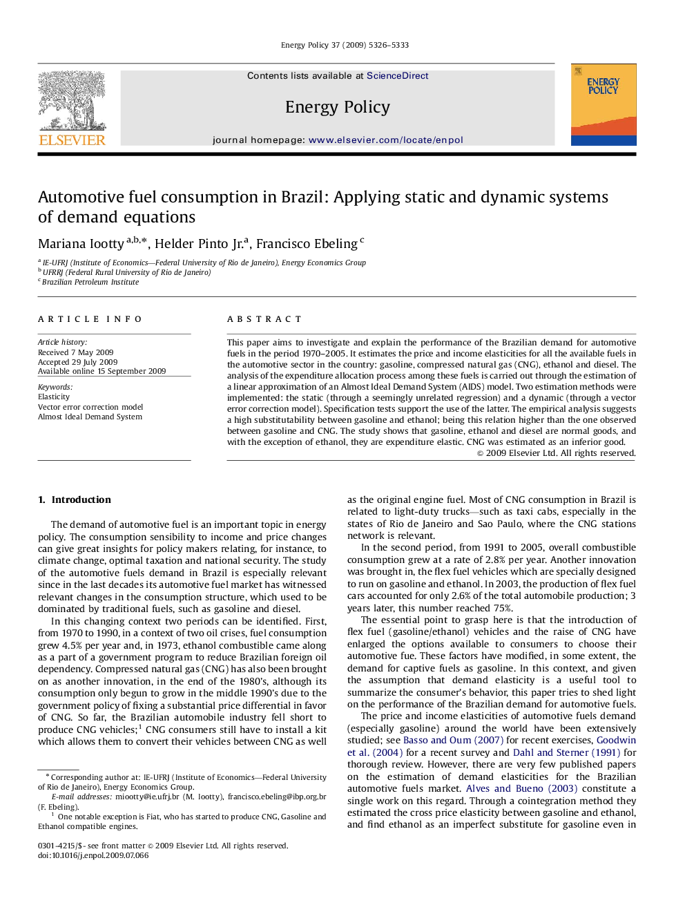 Automotive fuel consumption in Brazil: Applying static and dynamic systems of demand equations