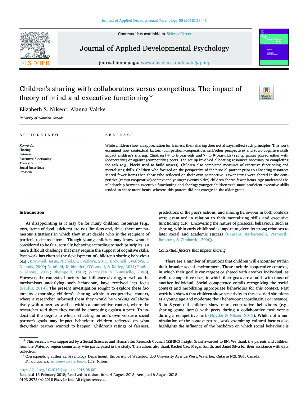 Children's sharing with collaborators versus competitors: The impact of theory of mind and executive functioning