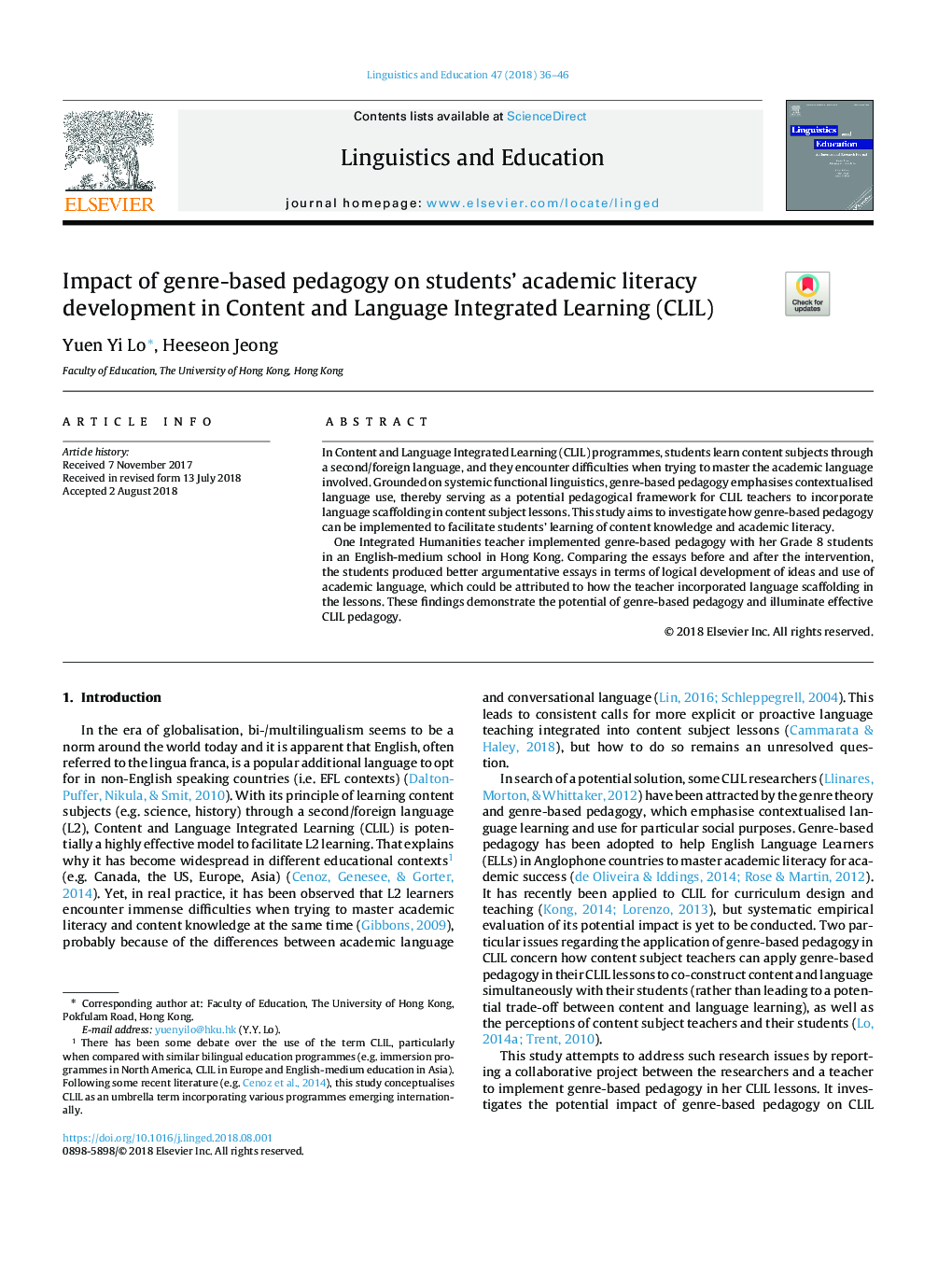 Impact of genre-based pedagogy on students' academic literacy development in Content and Language Integrated Learning (CLIL)