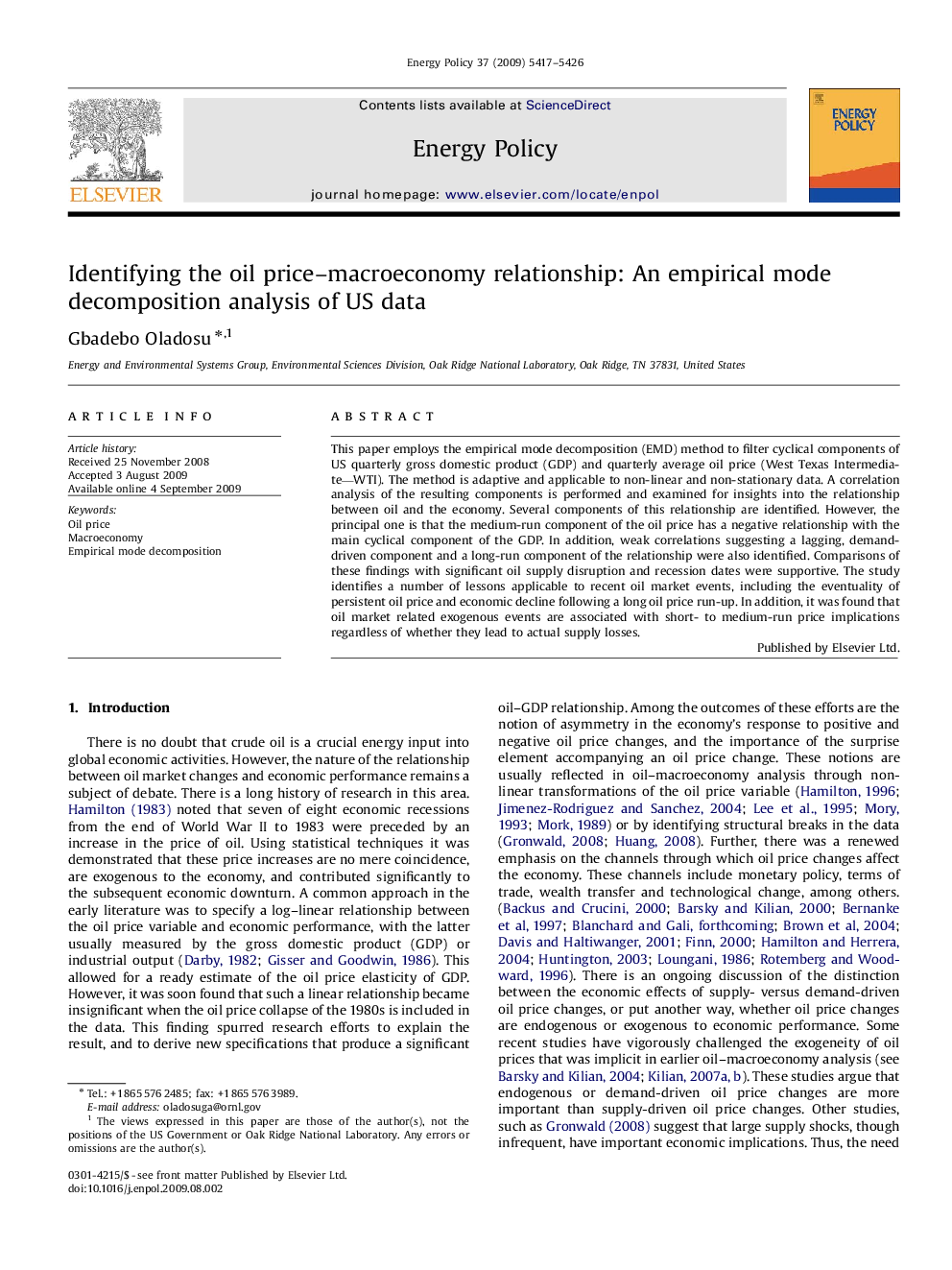 Identifying the oil price–macroeconomy relationship: An empirical mode decomposition analysis of US data