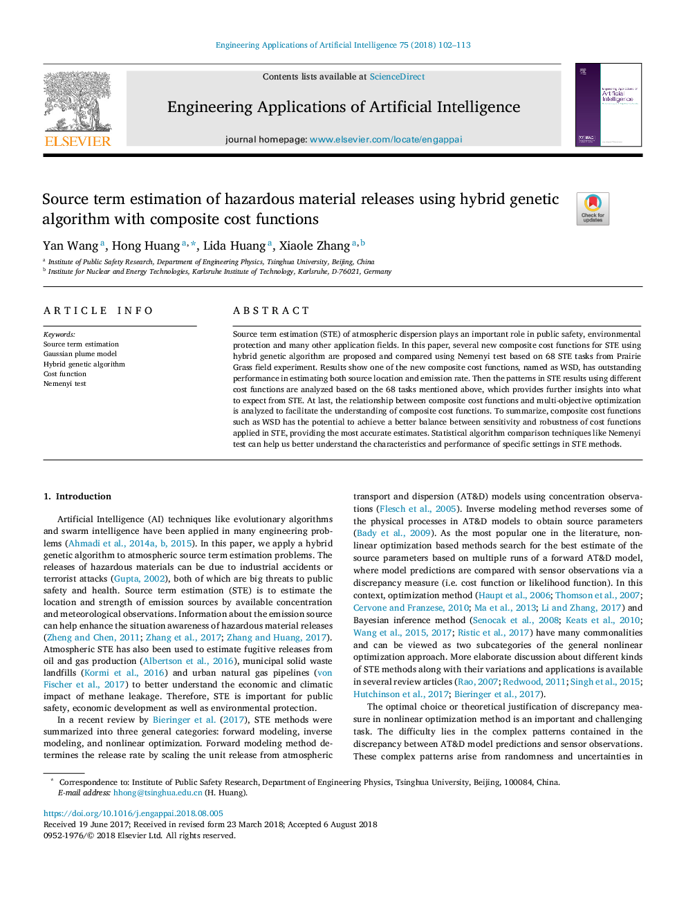 Source term estimation of hazardous material releases using hybrid genetic algorithm with composite cost functions