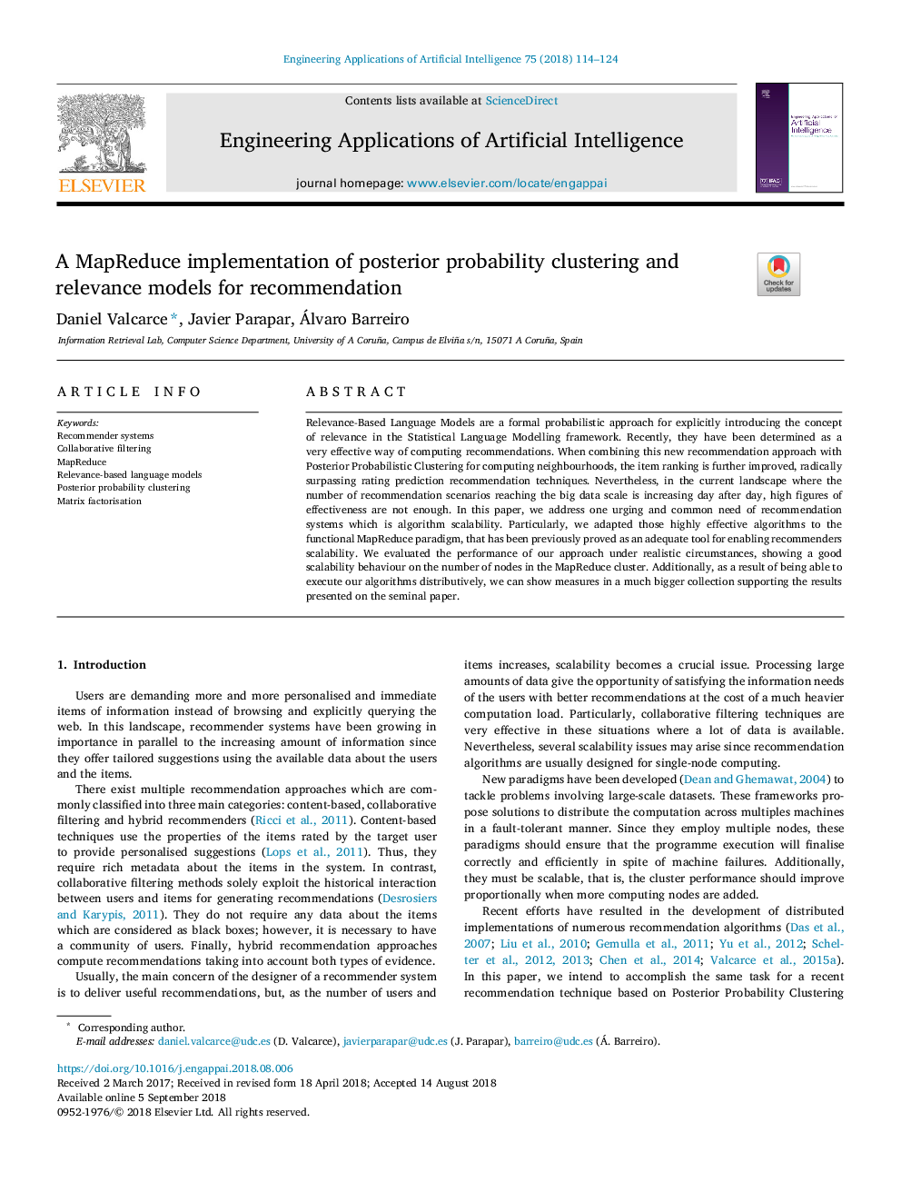 A MapReduce implementation of posterior probability clustering and relevance models for recommendation