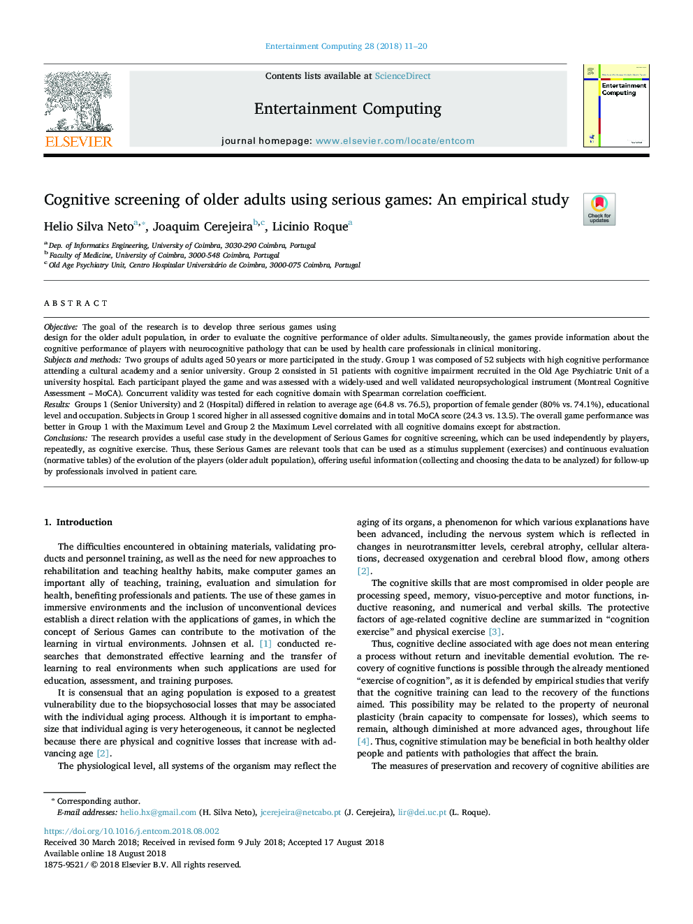 Cognitive screening of older adults using serious games: An empirical study