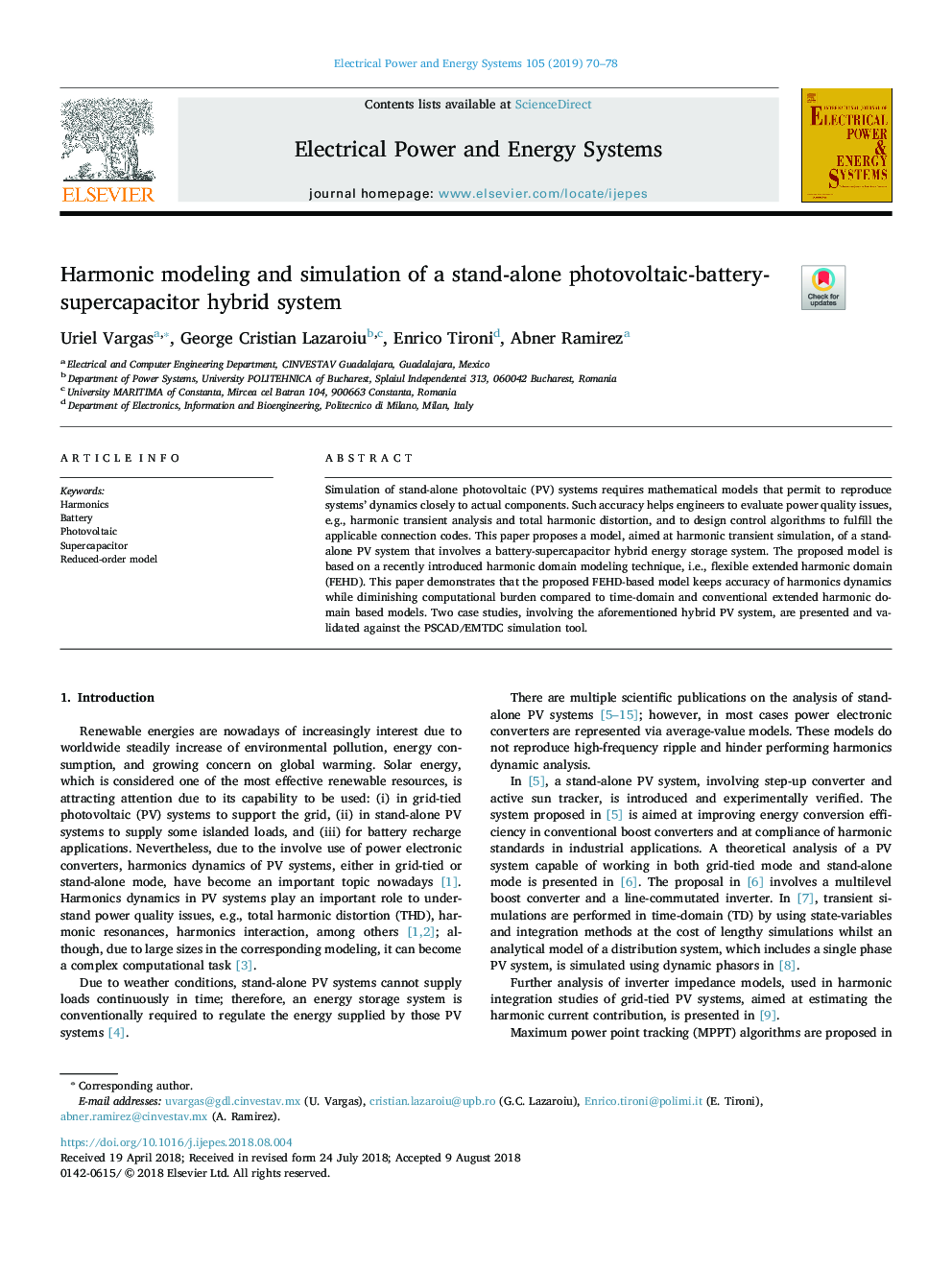 Harmonic modeling and simulation of a stand-alone photovoltaic-battery-supercapacitor hybrid system