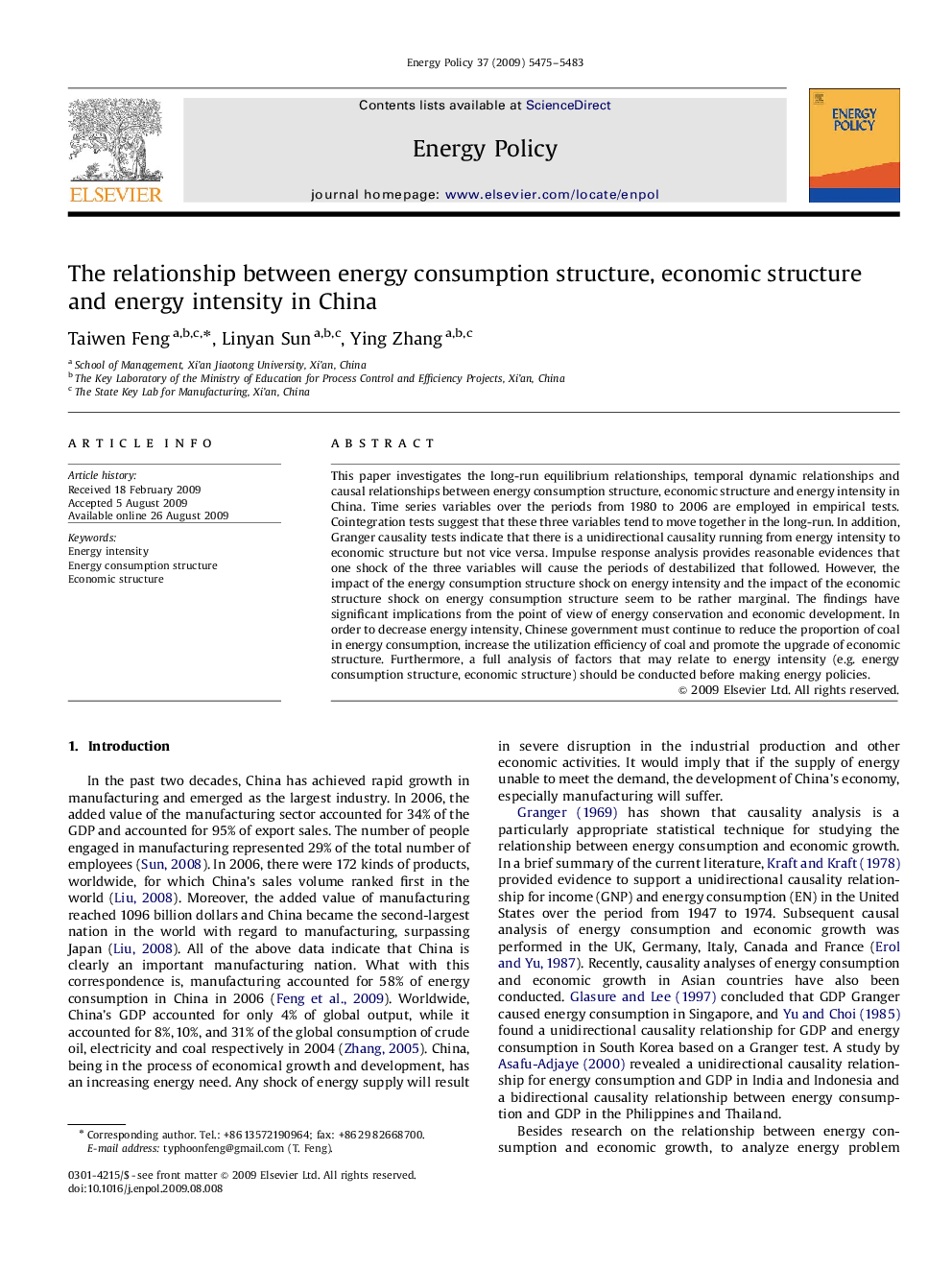 The relationship between energy consumption structure, economic structure and energy intensity in China