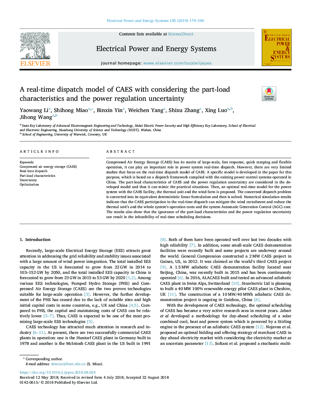 A real-time dispatch model of CAES with considering the part-load characteristics and the power regulation uncertainty