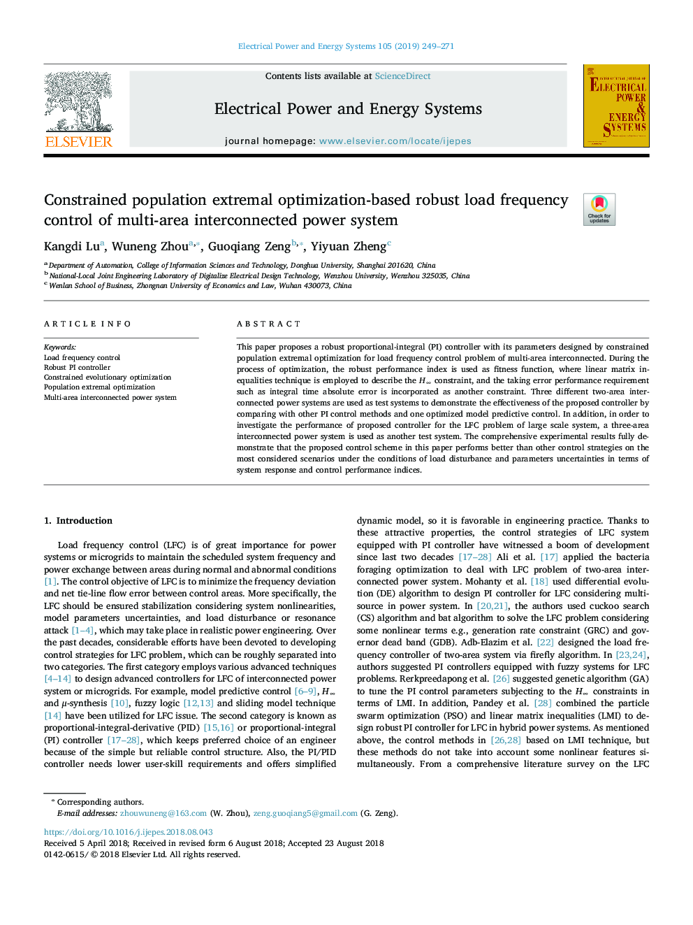 Constrained population extremal optimization-based robust load frequency control of multi-area interconnected power system