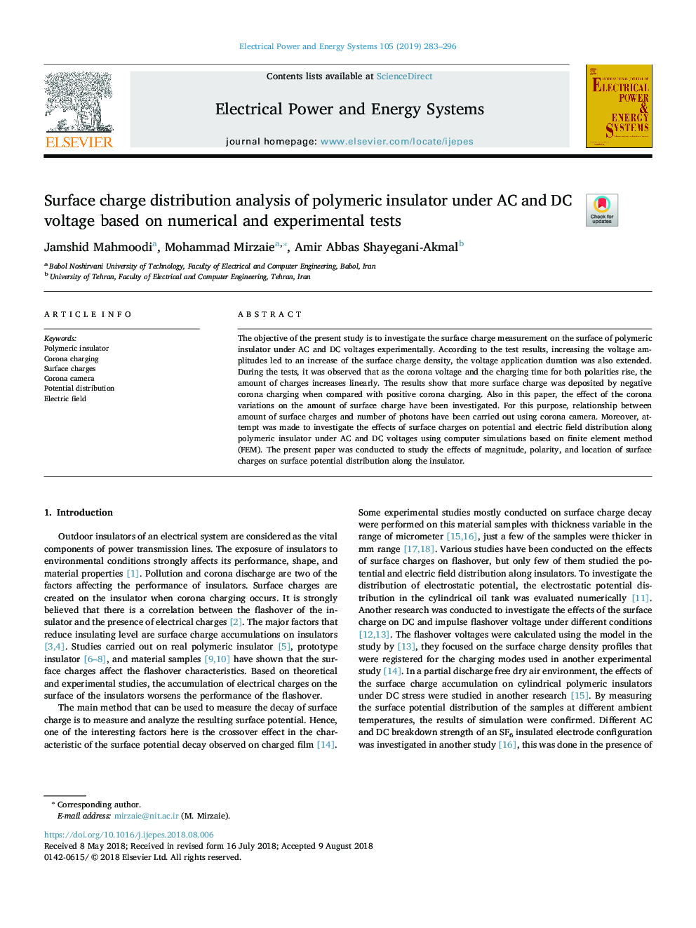 Surface charge distribution analysis of polymeric insulator under AC and DC voltage based on numerical and experimental tests