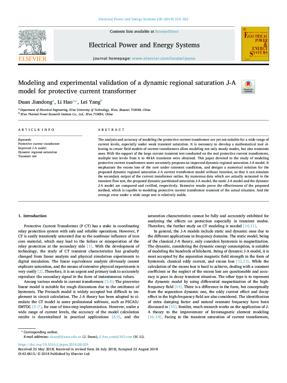 Modeling and experimental validation of a dynamic regional saturation J-A model for protective current transformer