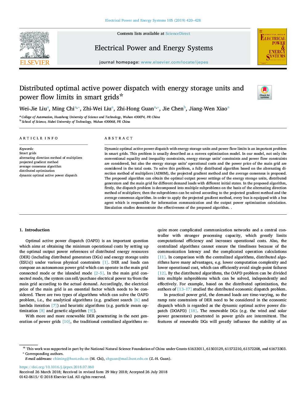 Distributed optimal active power dispatch with energy storage units and power flow limits in smart grids