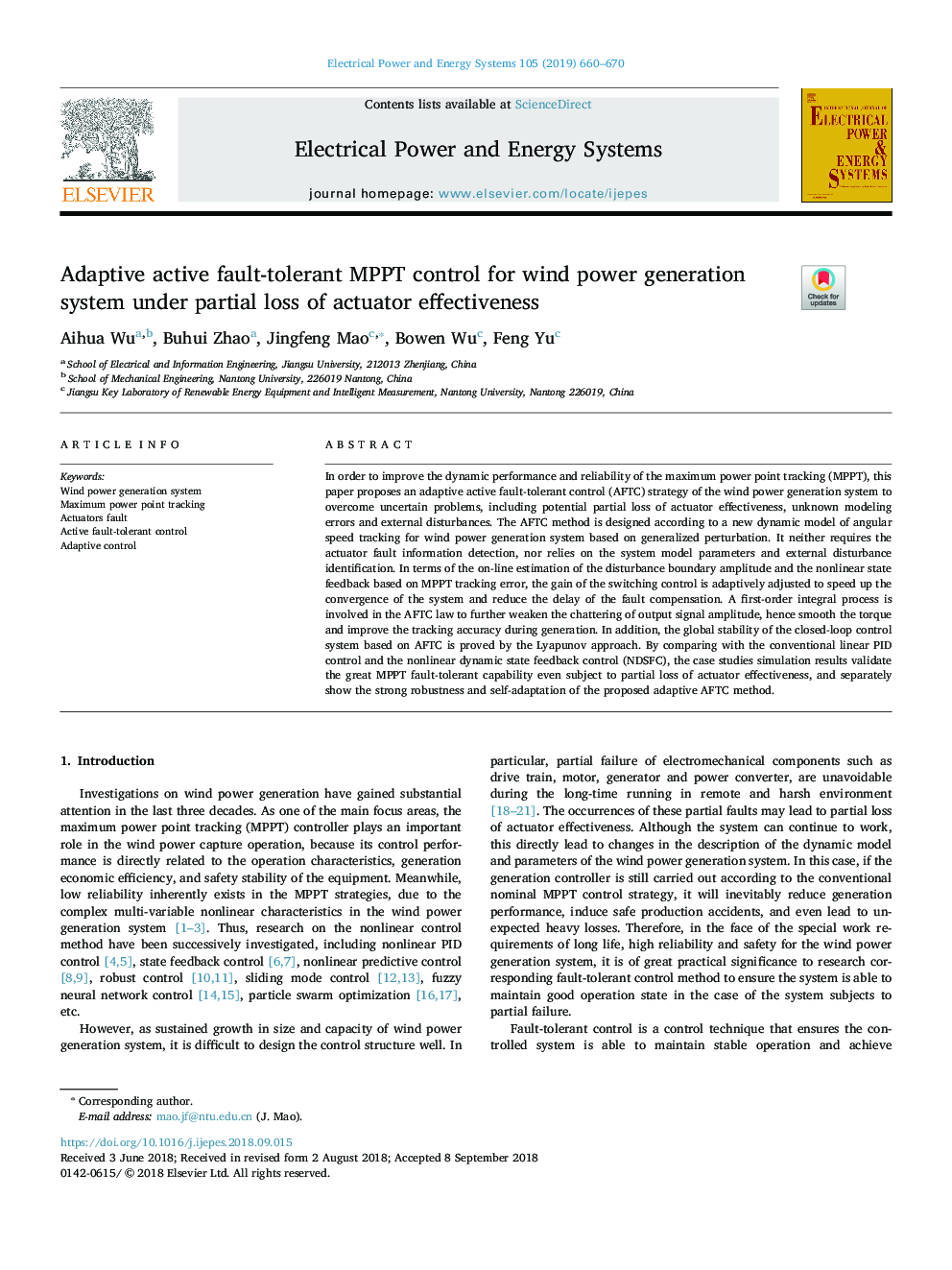 Adaptive active fault-tolerant MPPT control for wind power generation system under partial loss of actuator effectiveness