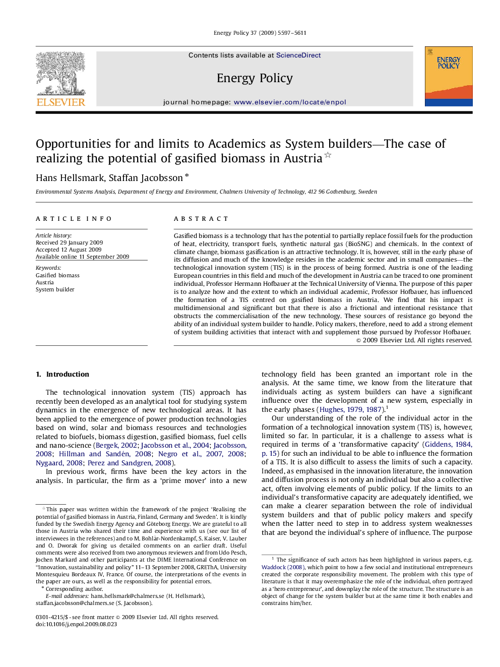 Opportunities for and limits to Academics as System builders—The case of realizing the potential of gasified biomass in Austria 