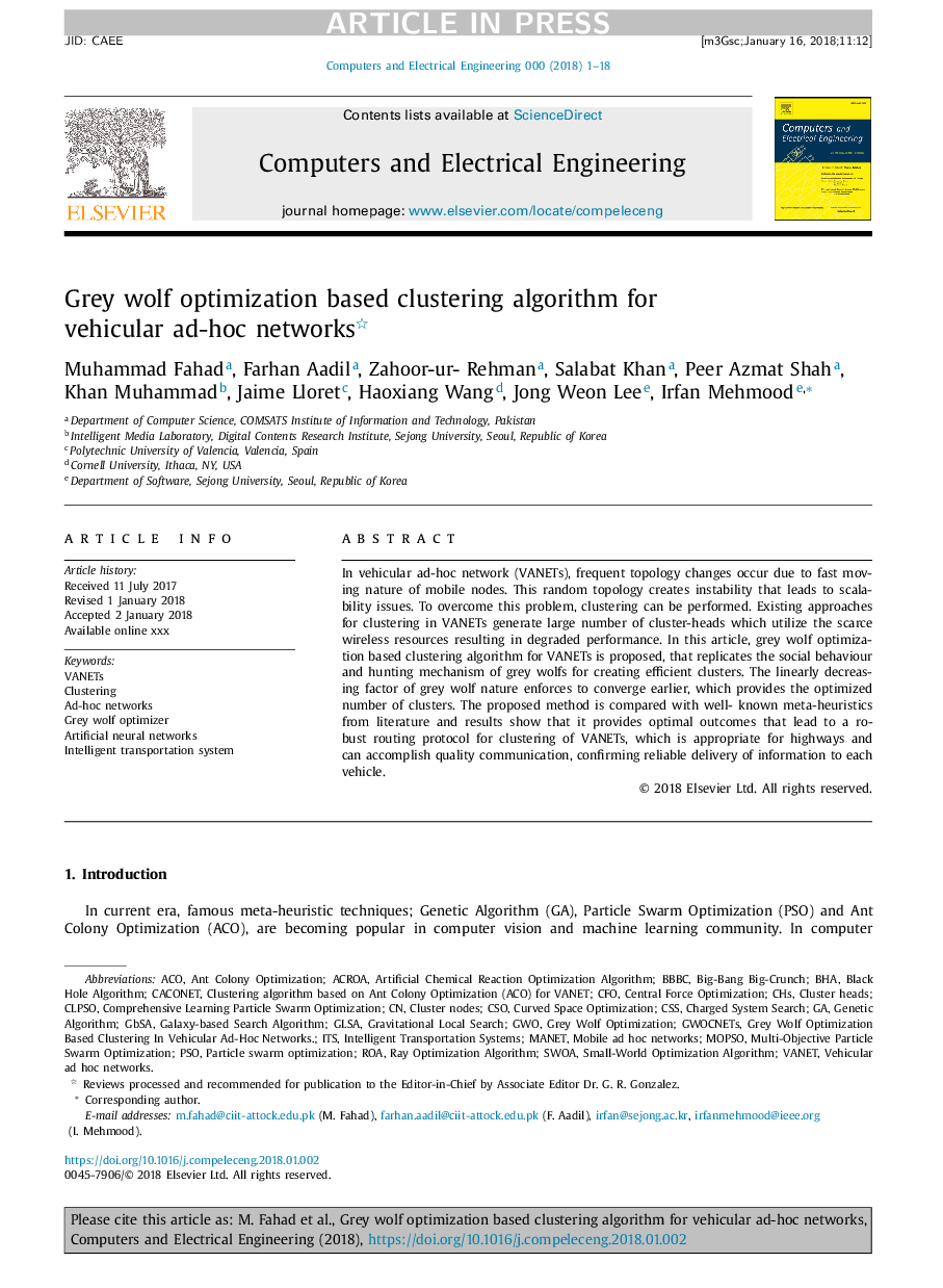 Grey wolf optimization based clustering algorithm for vehicular ad-hoc networks