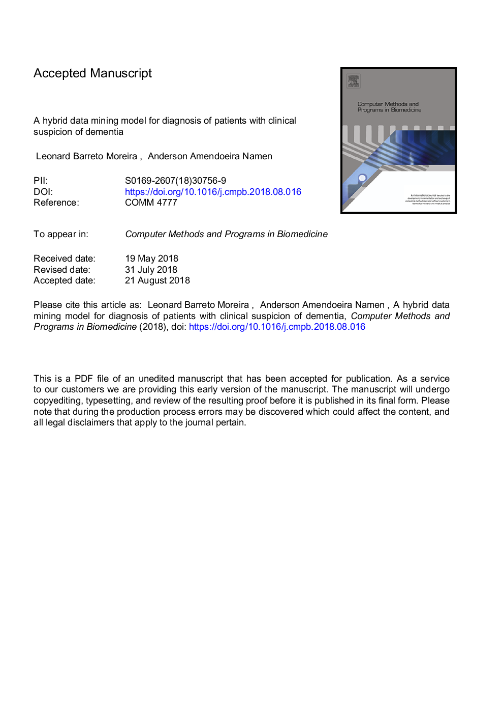 A hybrid data mining model for diagnosis of patients with clinical suspicion of dementia