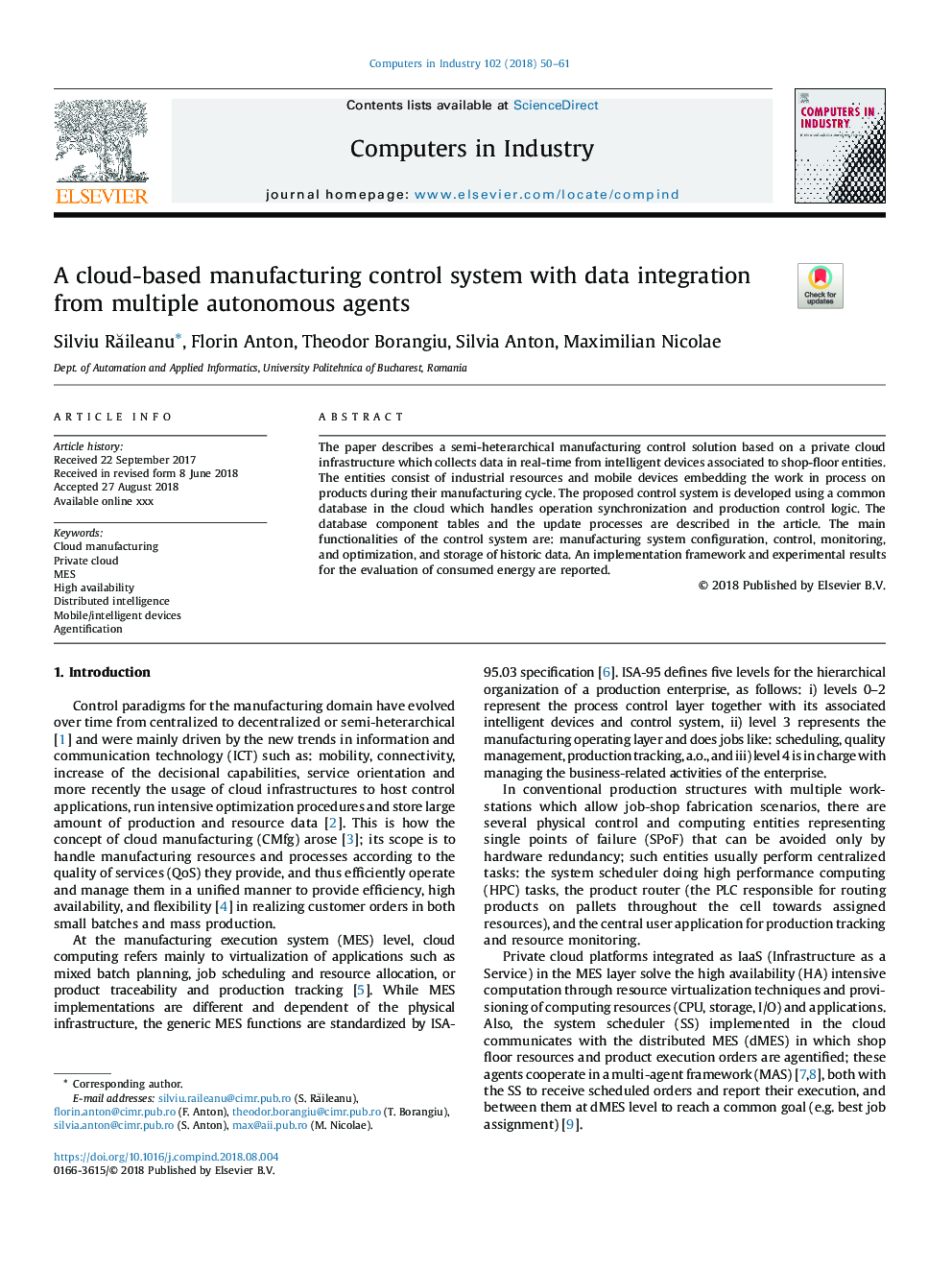 A cloud-based manufacturing control system with data integration from multiple autonomous agents