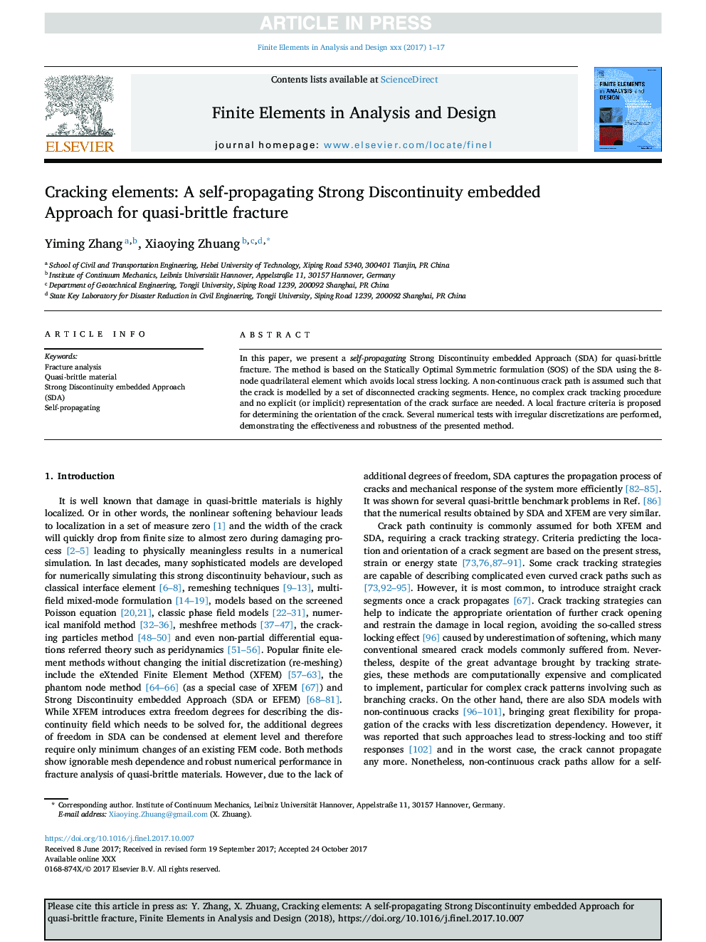 Cracking elements: A self-propagating Strong Discontinuity embedded Approach for quasi-brittle fracture