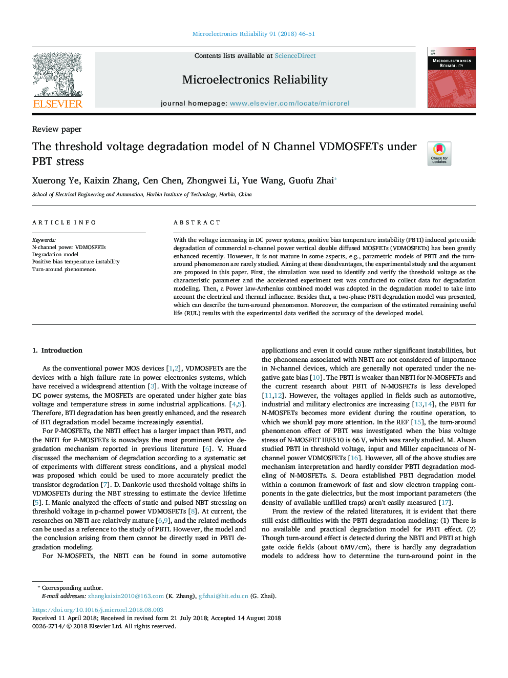 The threshold voltage degradation model of N Channel VDMOSFETs under PBT stress