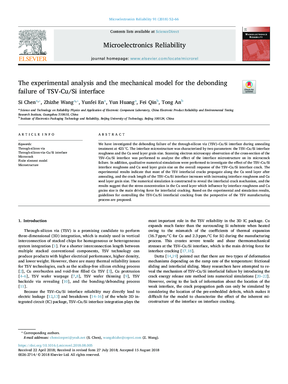 The experimental analysis and the mechanical model for the debonding failure of TSV-Cu/Si interface