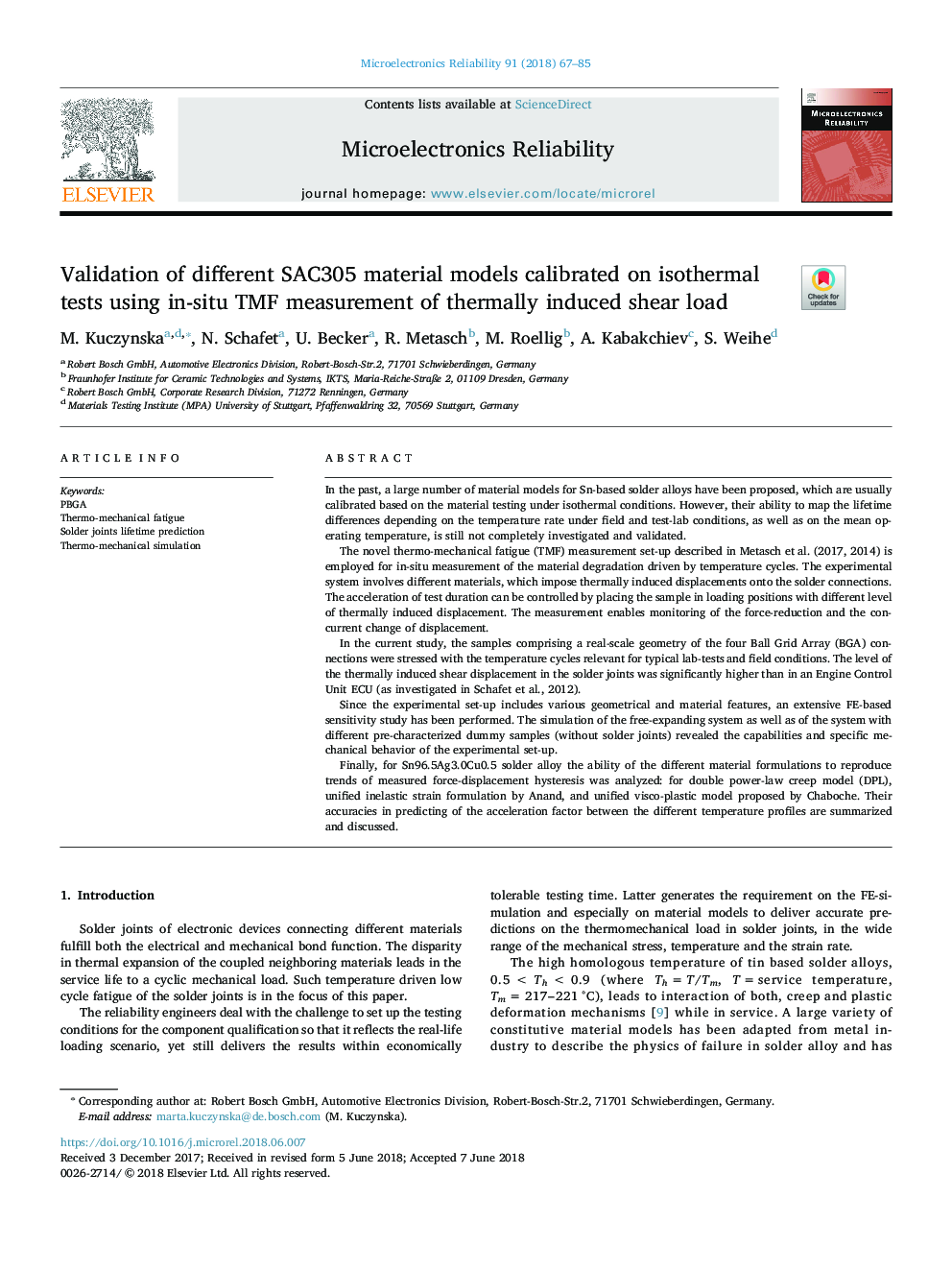 Validation of different SAC305 material models calibrated on isothermal tests using in-situ TMF measurement of thermally induced shear load