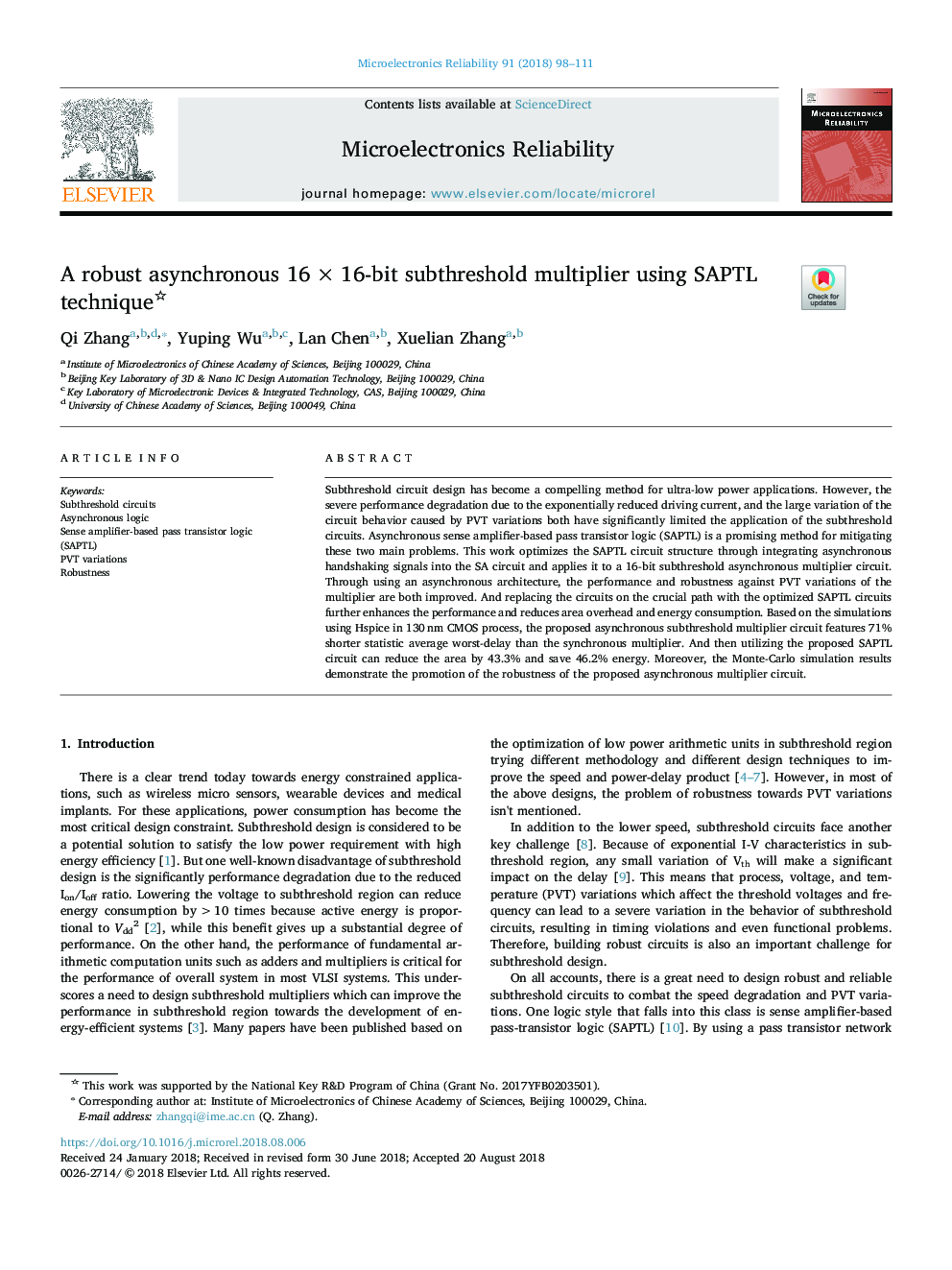 A robust asynchronous 16â¯Ãâ¯16-bit subthreshold multiplier using SAPTL technique