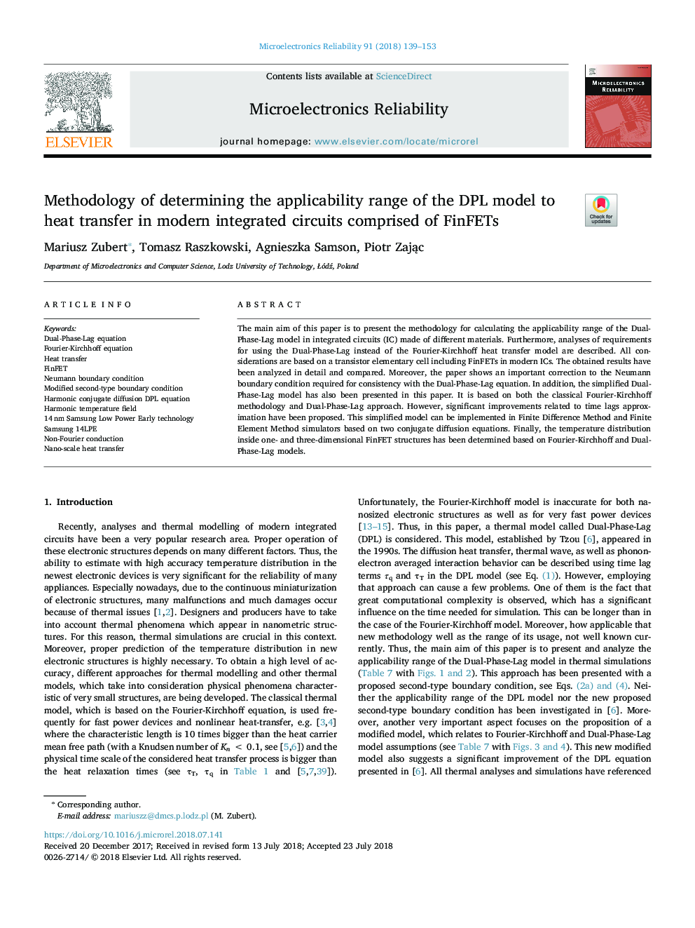 Methodology of determining the applicability range of the DPL model to heat transfer in modern integrated circuits comprised of FinFETs