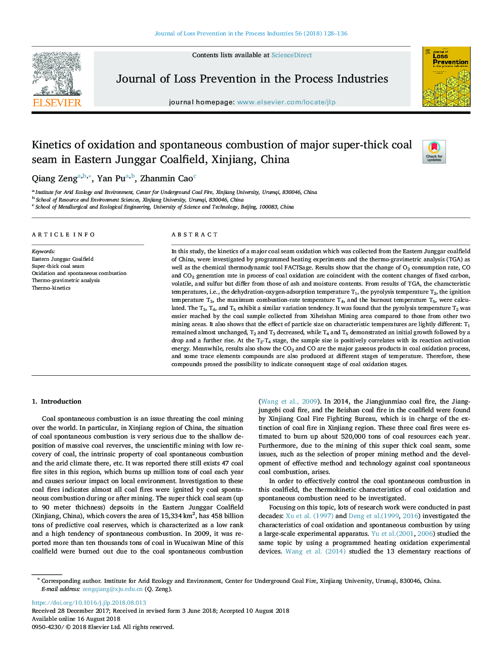 Kinetics of oxidation and spontaneous combustion of major super-thick coal seam in Eastern Junggar Coalfield, Xinjiang, China