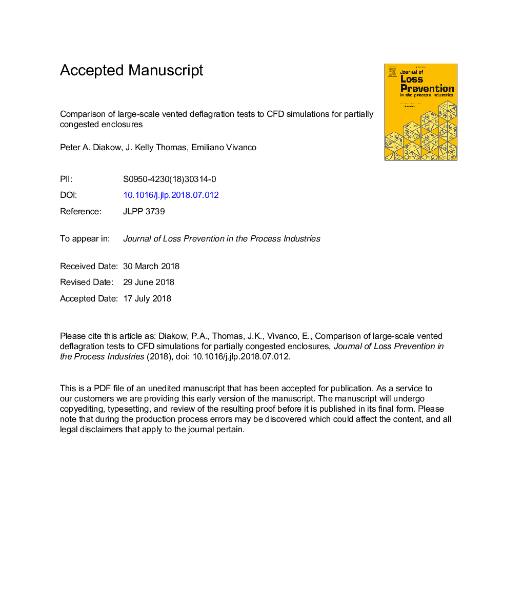 Comparison of large-scale vented deflagration tests to CFD simulations for partially congested enclosures