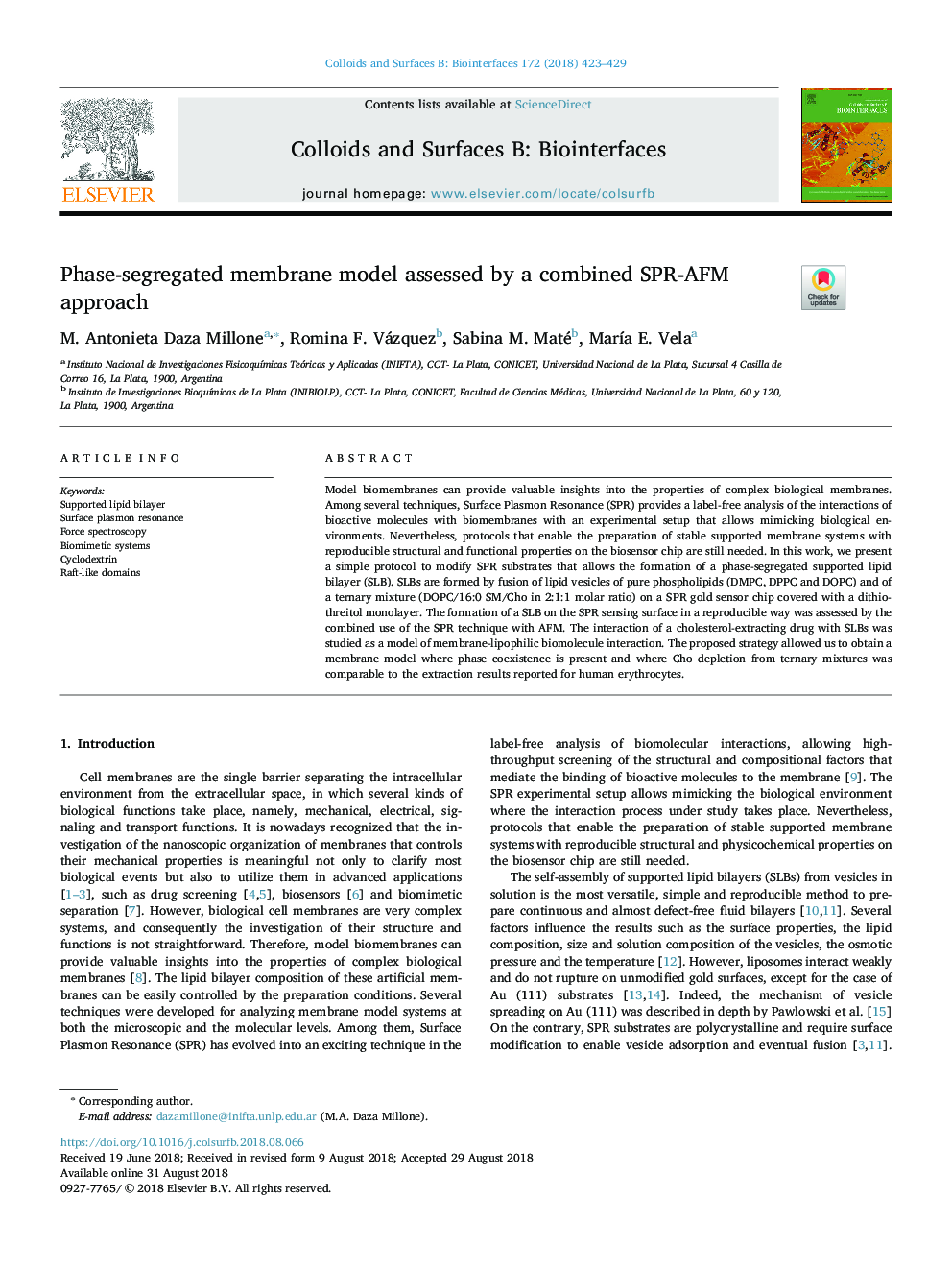 Phase-segregated membrane model assessed by a combined SPR-AFM approach