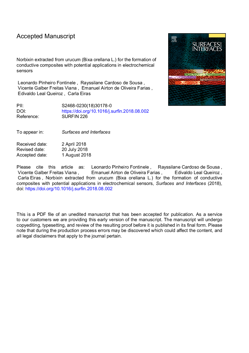 Norbixin extracted from urucum (Bixa orellana L.) for the formation of conductive composites with potential applications in electrochemical sensors