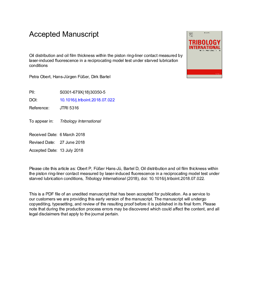 توزیع روغن و ضخامت فیلم روغن در داخل حلقه لاینر پیستونی، اندازه گیری شده توسط فلورسانس ناشی از لیزر در یک آزمون تطبیقی ​​مجدد تحت شرایط روانکاری گرسنه
