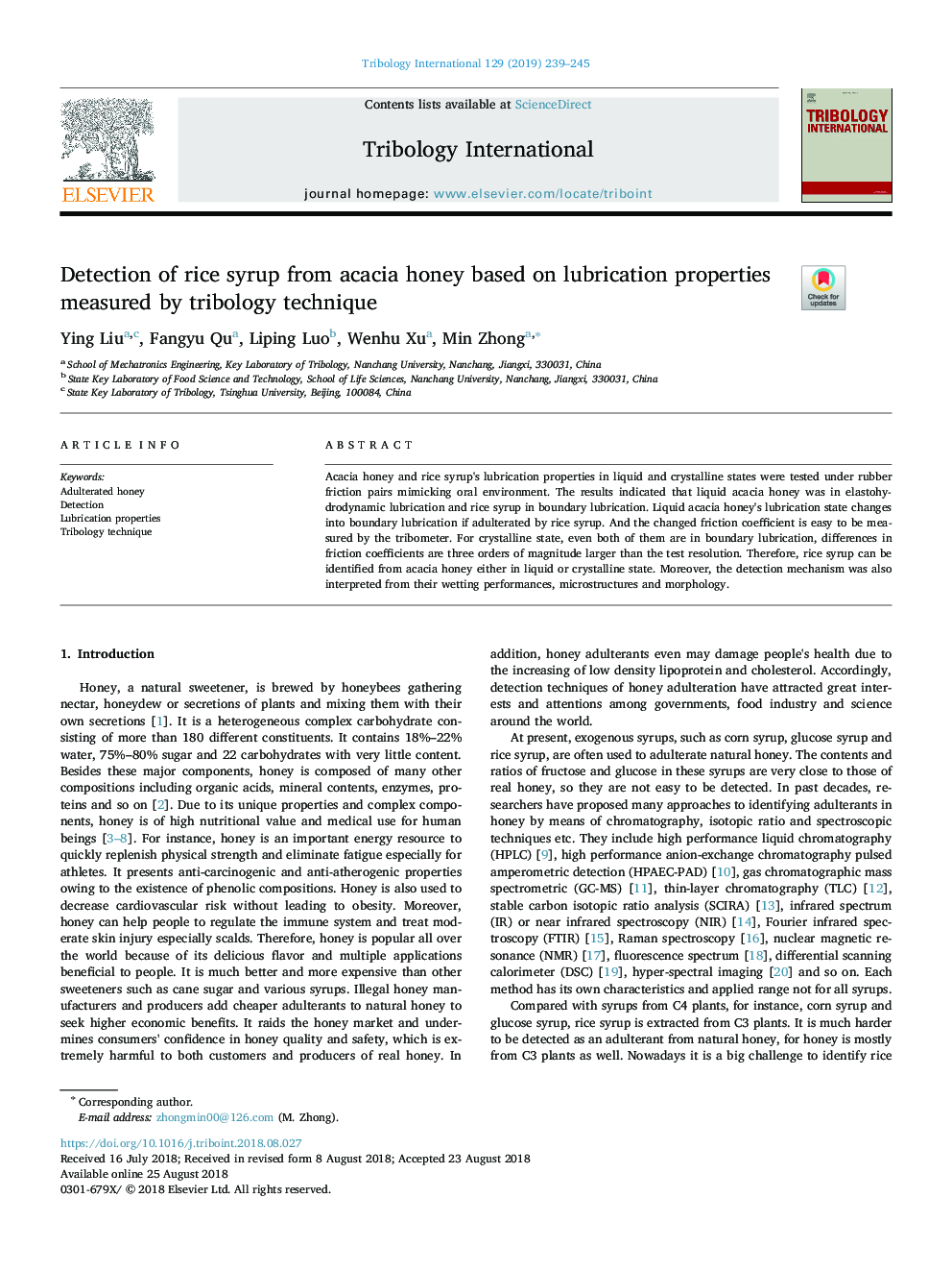 Detection of rice syrup from acacia honey based on lubrication properties measured by tribology technique