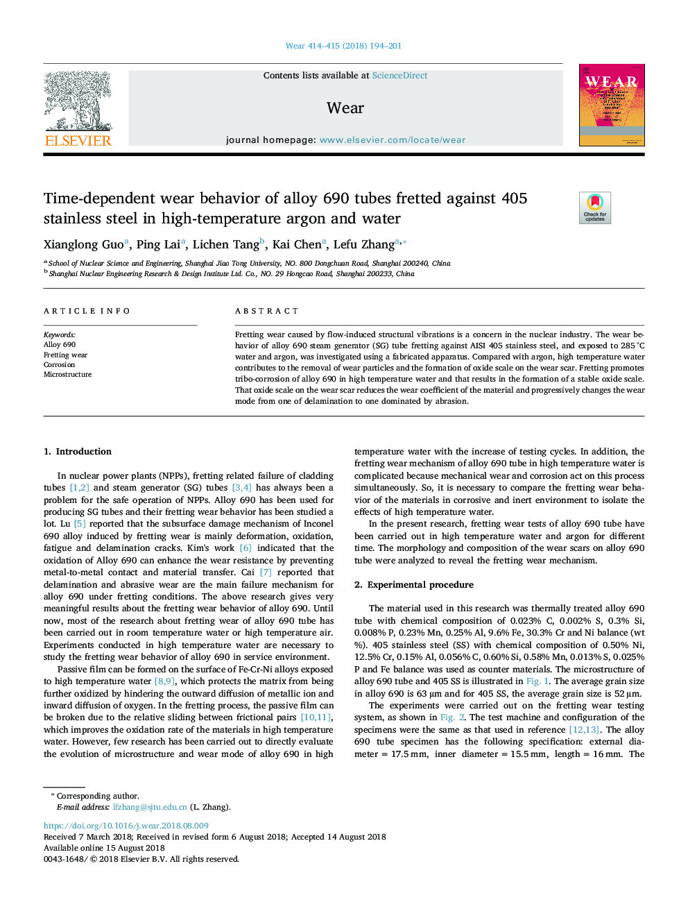 Time-dependent wear behavior of alloy 690 tubes fretted against 405 stainless steel in high-temperature argon and water