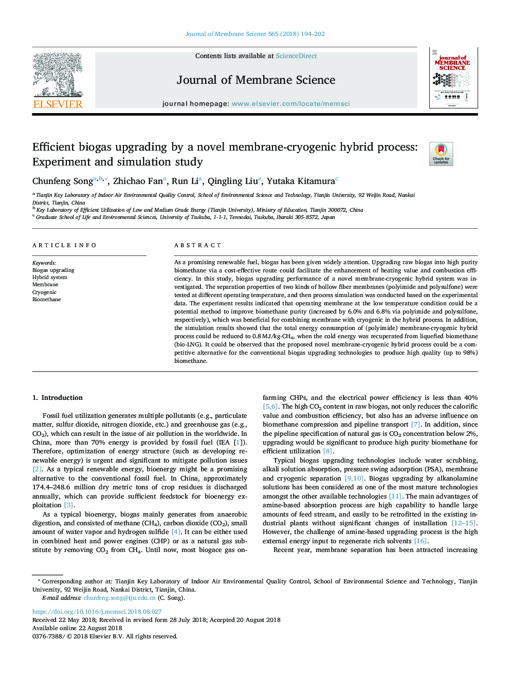 Efficient biogas upgrading by a novel membrane-cryogenic hybrid process: Experiment and simulation study