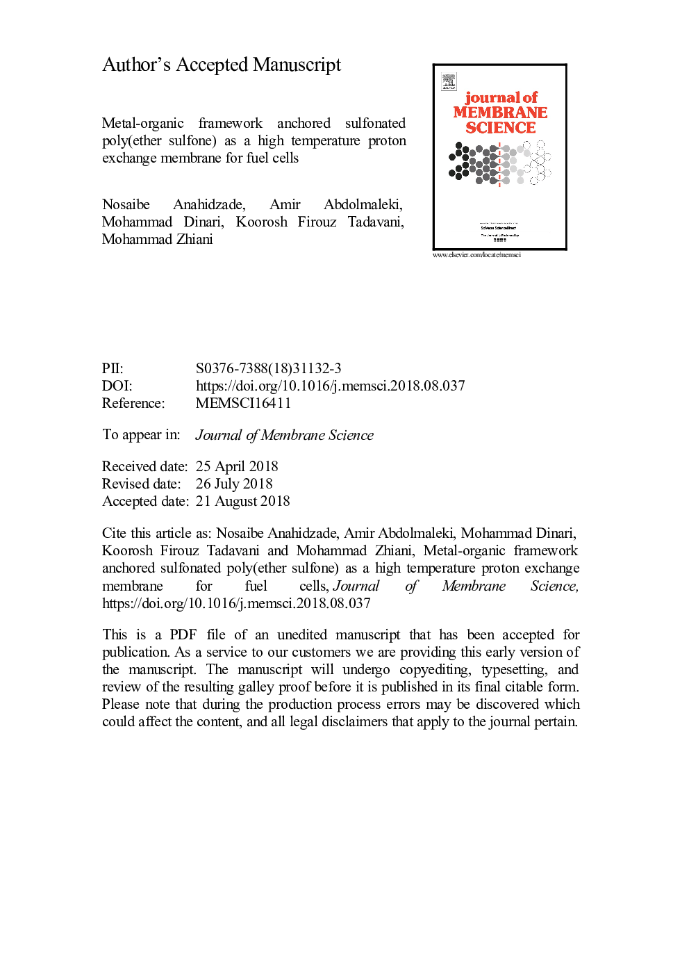 Metal-organic framework anchored sulfonated poly(ether sulfone) as a high temperature proton exchange membrane for fuel cells