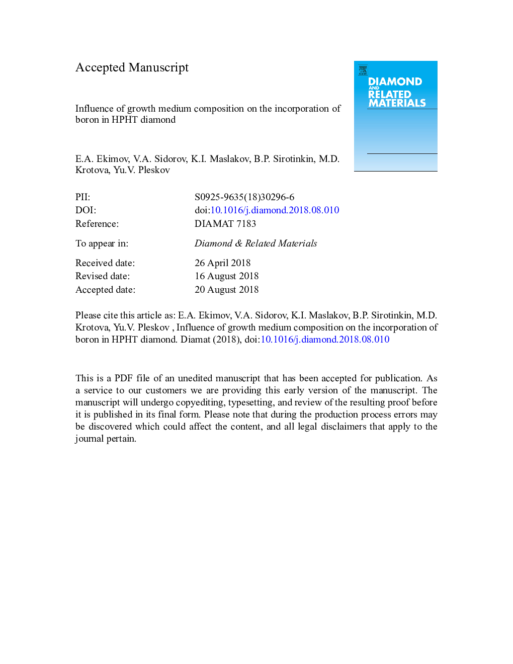 Influence of growth medium composition on the incorporation of boron in HPHT diamond