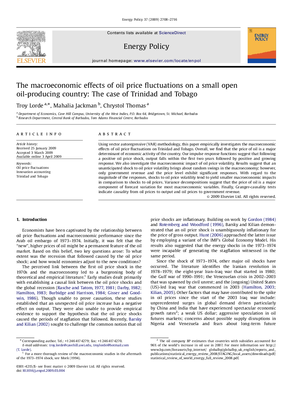 The macroeconomic effects of oil price fluctuations on a small open oil-producing country: The case of Trinidad and Tobago