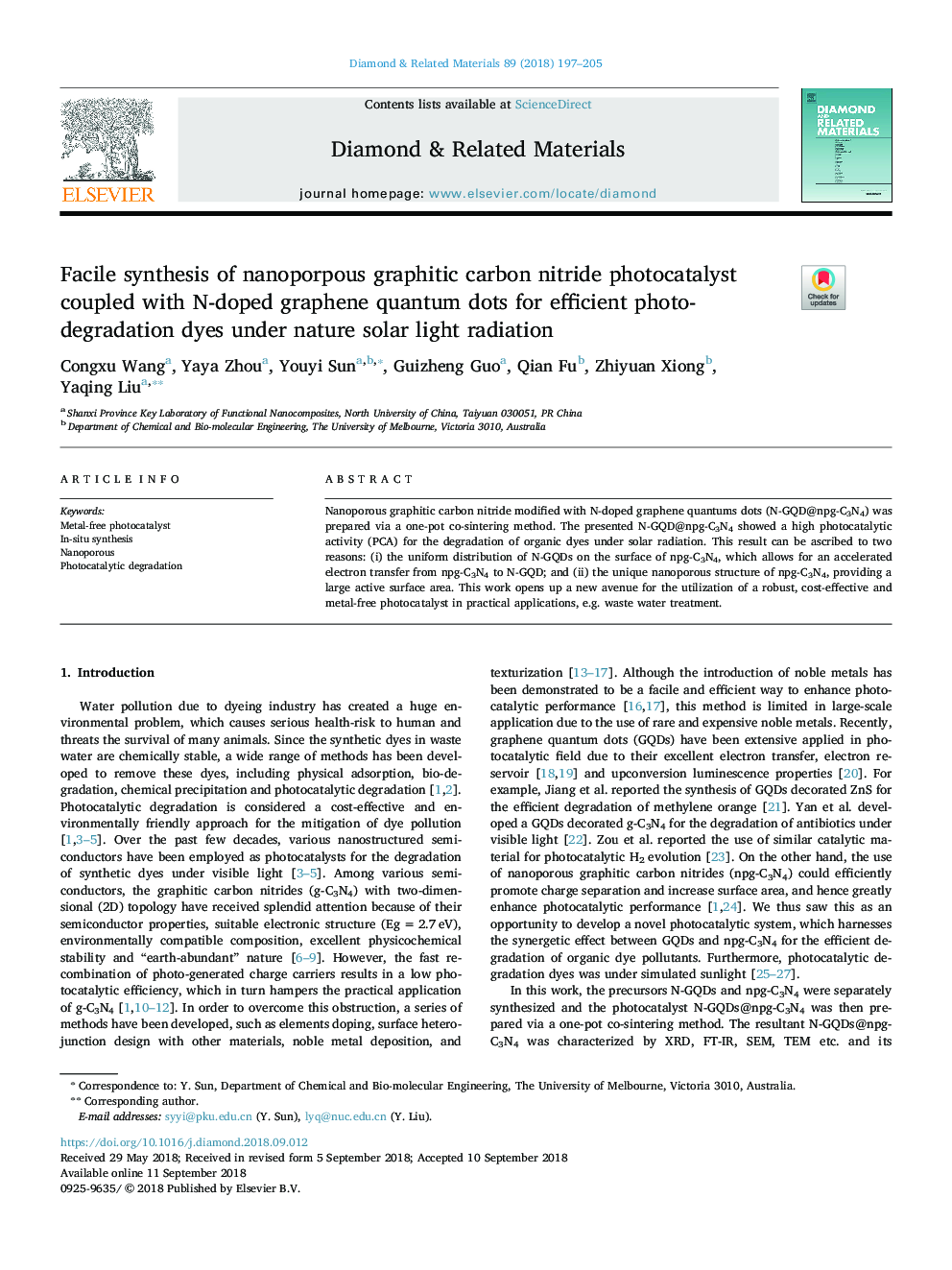 Facile synthesis of nanoporpous graphitic carbon nitride photocatalyst coupled with N-doped graphene quantum dots for efficient photo-degradation dyes under nature solar light radiation