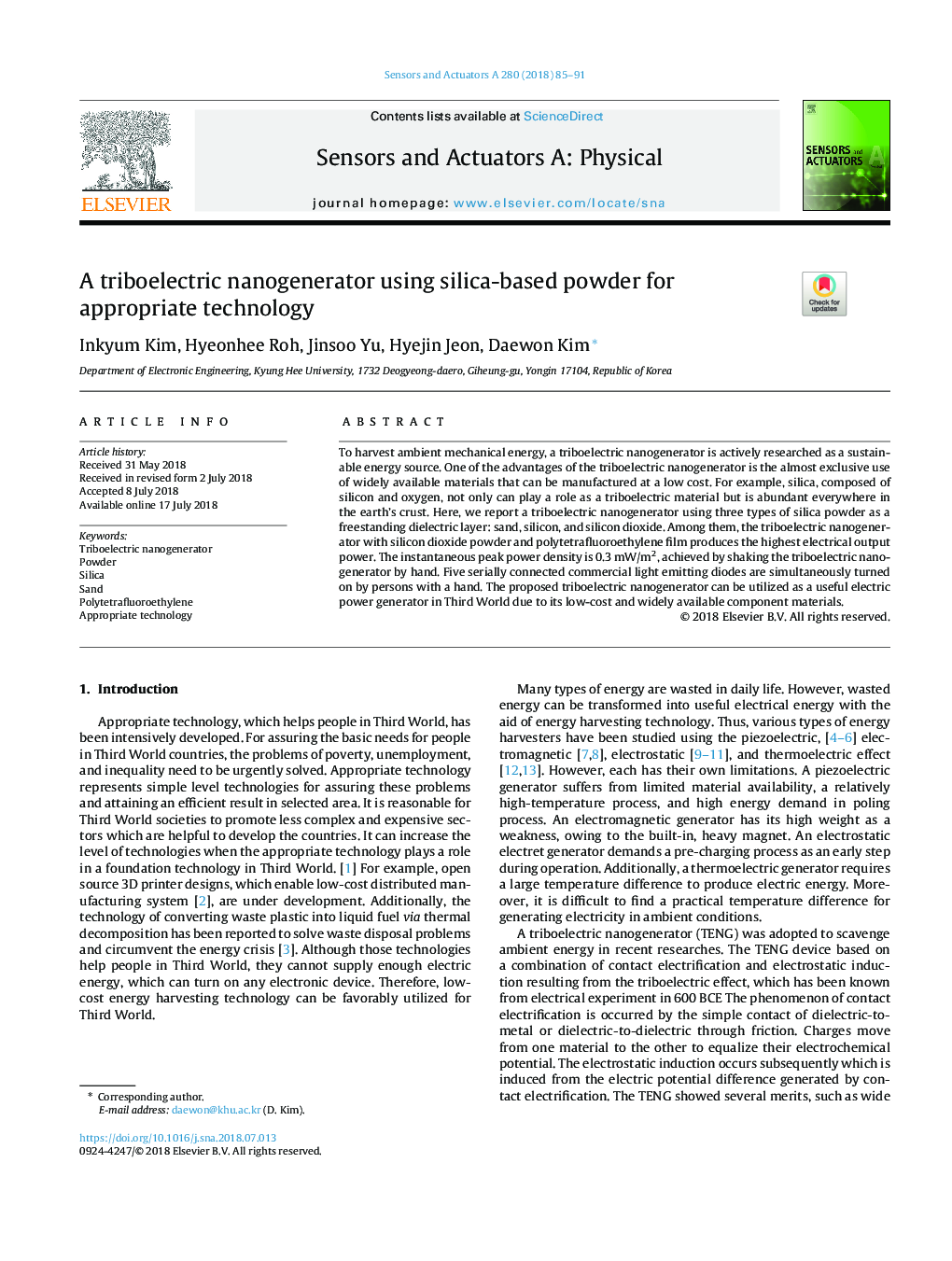 A triboelectric nanogenerator using silica-based powder for appropriate technology