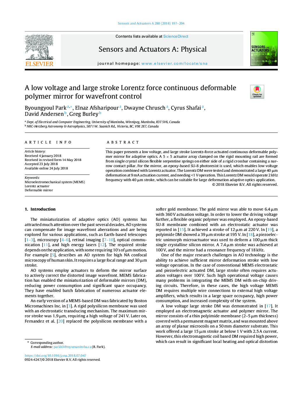 A low voltage and large stroke Lorentz force continuous deformable polymer mirror for wavefront control