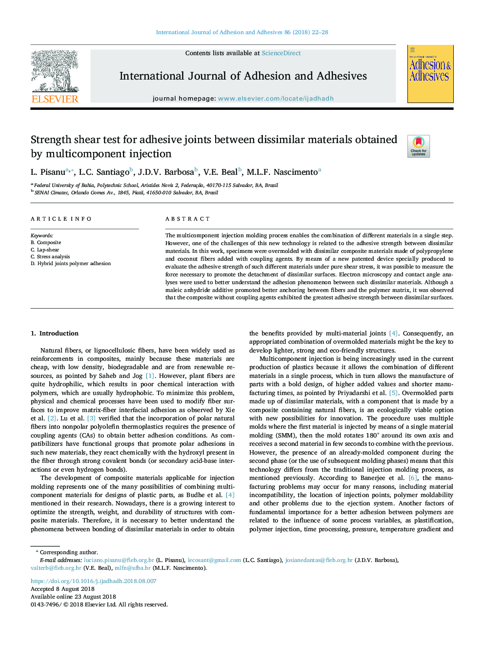 Strength shear test for adhesive joints between dissimilar materials obtained by multicomponent injection